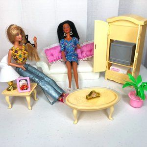 Vintage 1990s Barbie Size Mattel Living Room Toy Furniture Set Sofa Chair Tables